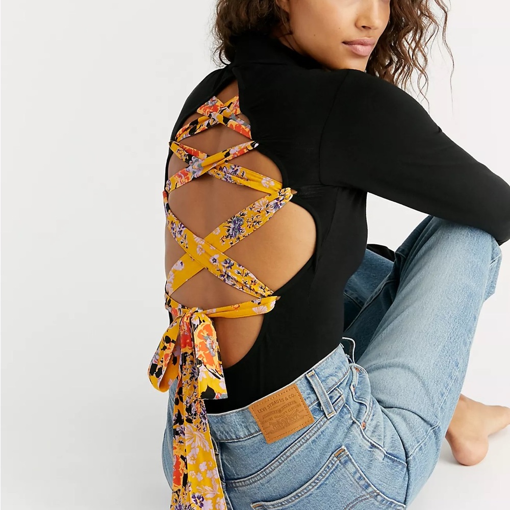 Free People Black Bodysuit with Floral Lace-Up Back